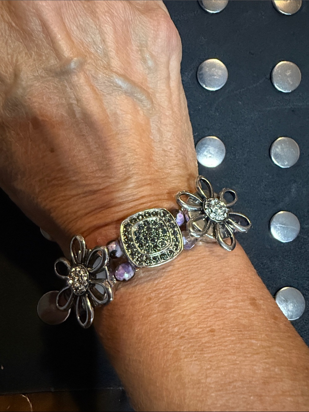 Snap Silver-Tone Floral Crystal Bracelet with Purple and Black Beads